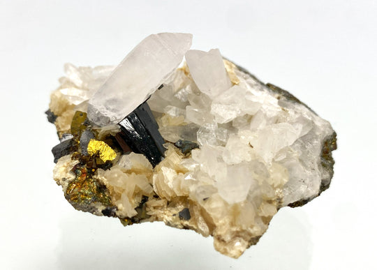 Wolframit auf Bergkristall, Calcopyrit, Siderit, Herja, Maramures, Rumänien