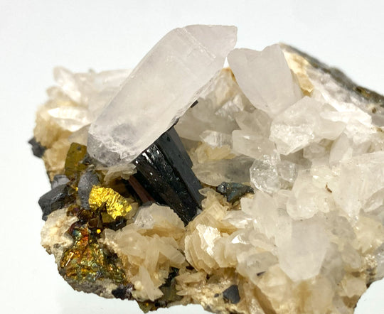 Wolframit auf Bergkristall, Calcopyrit, Siderit, Herja, Maramures, Rumänien