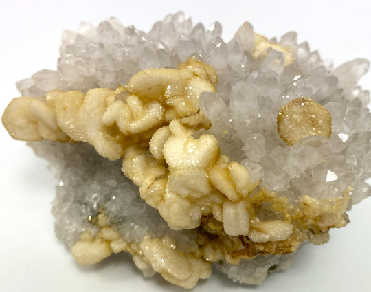 Calcite on light amethyst, Cavnic, Maramures, Romania