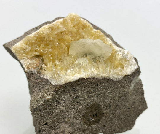 Natrolite, calcite, Richter quarry, Hammerunterwiesenthal, Erzgebirge, Germany