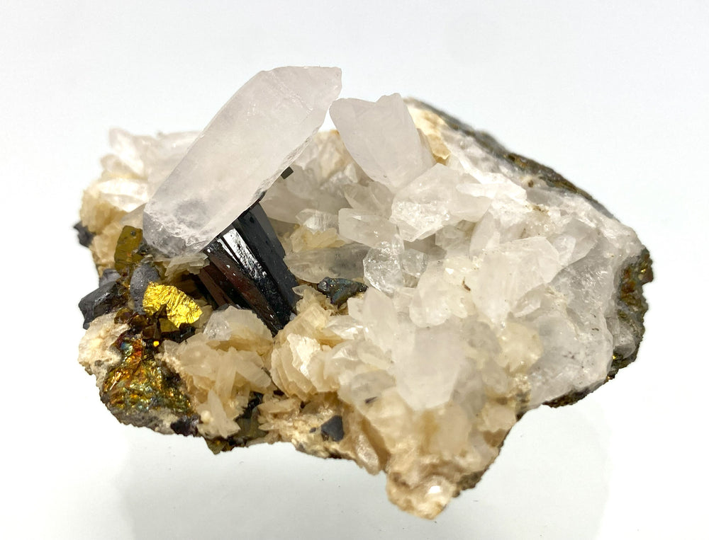 Wolframite on rock crystal, calcopyrite, siderite, Herja, Maramures, Romania