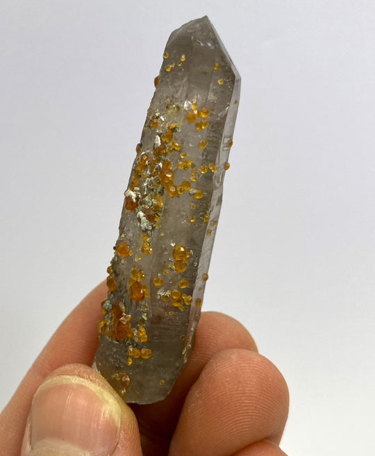 Spessartine on smoky quartz, Tongbei, Fujian, China